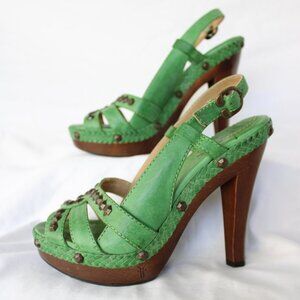 Frye boot Co Dara Honeycomb Sling Stud Green Leather Wooden Platform clog Heels